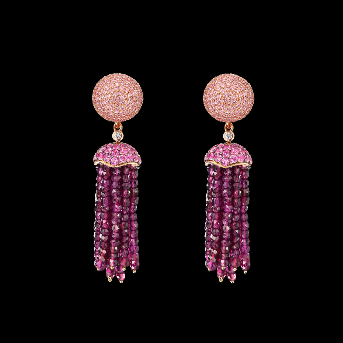 Rose Bauble Tassel Earrings, Earring, Anabela Chan Joaillerie - Fine jewelry with laboratory grown and created gemstones hand-crafted in the United Kingdom. Anabela Chan Joaillerie is the first fine jewellery brand in the world to champion laboratory-grown and created gemstones with high jewellery design, artisanal craftsmanship and a focus on ethical and sustainable innovations.